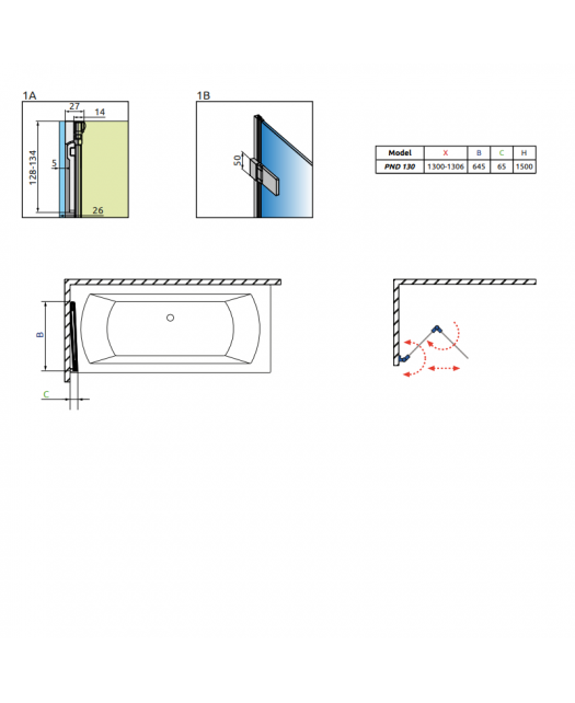 Штора для ванны ARTA PND 130 L (Radaway) 1300x1500