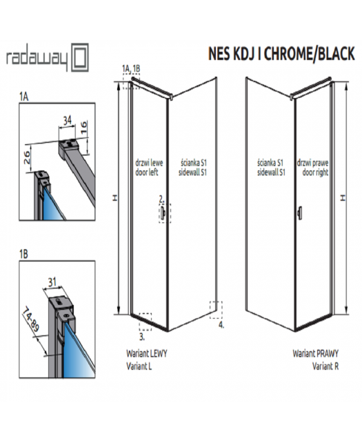 Дверь распашная для угловой установки NES Black KDJ I Door 80 Left (Radaway) 800x2000