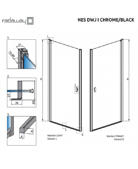 Дверь распашная в нишу NES Black DWS I 100 Left (Radaway) 1000х2000