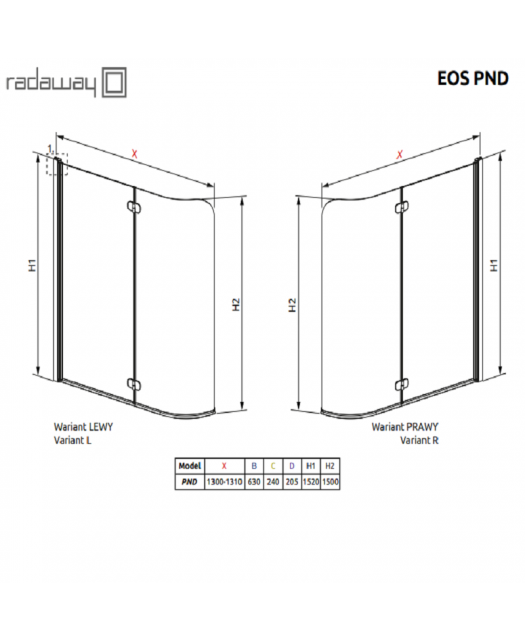 Штора для ванны EOS PND 130/L (Radaway) 1300x1500