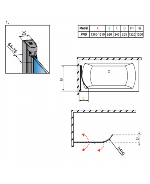 Штора для ванны EOS PND 130/R (Radaway) 1300x1500