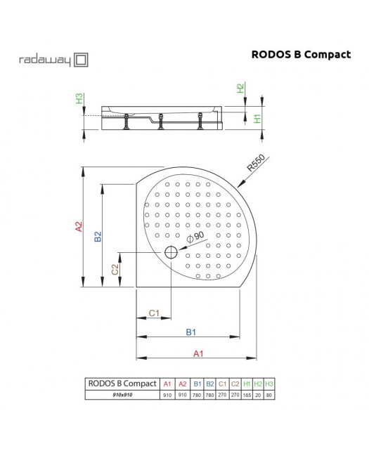 Поддон душевой полукруглый Rodos B900 (Radaway) (Польша) белый 78х78