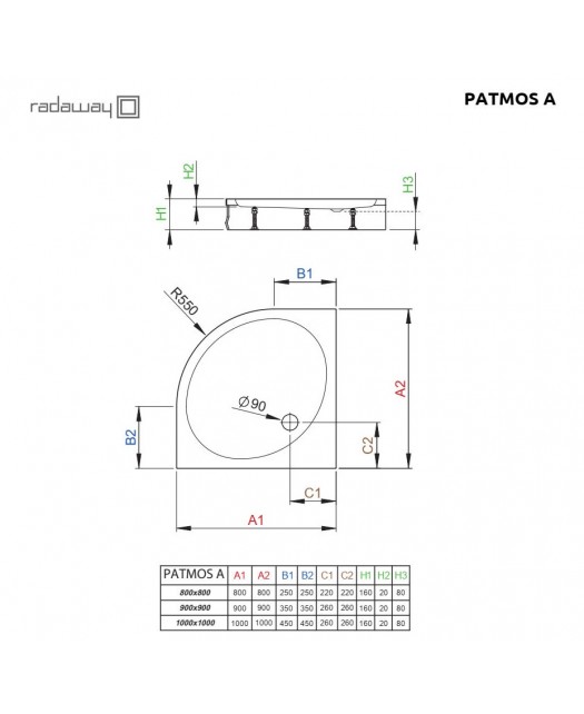 Поддон душевой полукруглый Patmos A800 (Radaway) (Польша) белый 80х80