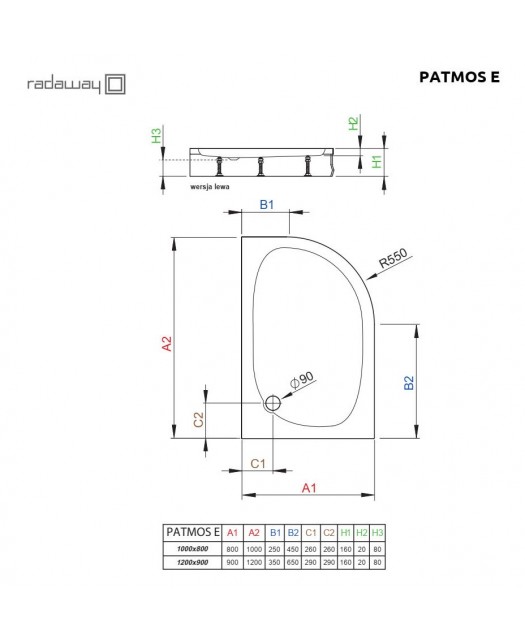 Поддон душевой полукруглый Patmos E 100x80 Левый (Radaway) (Польша) белый