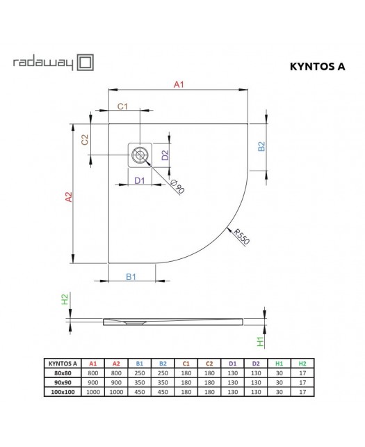 Поддон душевой полукруглый из жидк. мрамора Kyntos A (Radaway) (Польша) белый 90х90