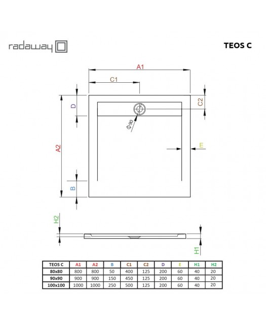 Поддон душевой квадратный из жидк. мрамора Teos C (Radaway) (Польша) антрацит 90х90