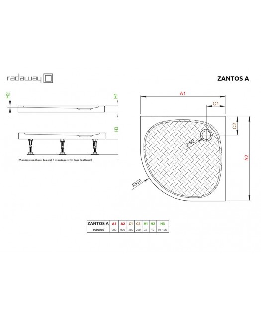 Поддон душевой полукруглый из жидк. мрамора Zantos A (Radaway) (Польша) белый 90х90