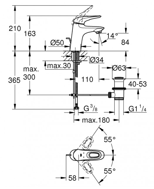 Смеситель однорычажный для раковины Eurostyle 2015 (GROHE) cо сливным гарнитуром, белая луна/хром