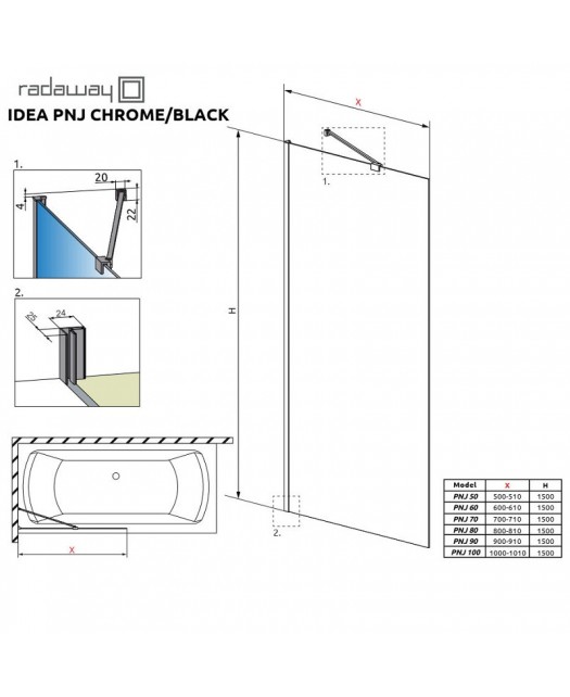 Штора для ванны Idea Black PNJ 80 (Radaway) 800x1500