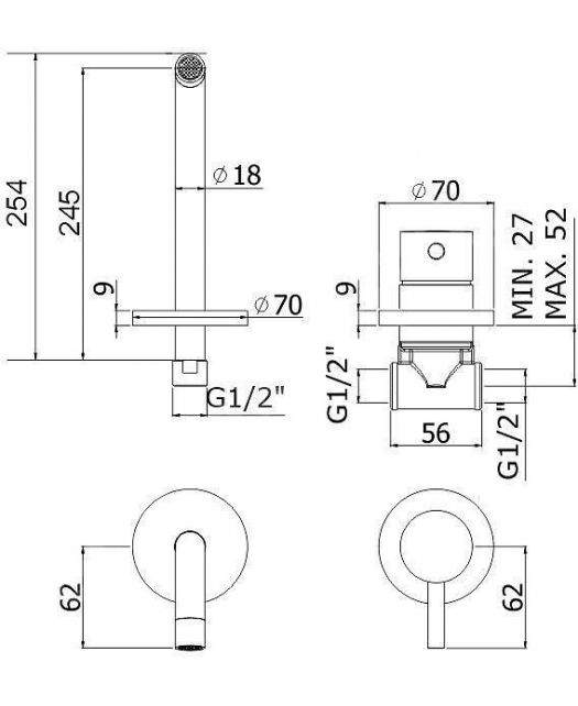 Смеситель для умывальника LIGHT LIG007NO70 (Paffoni) Италия, чёрный матовый (С ВНУТРЕННЕЙ ЧАСТЬЮ) 245 мм