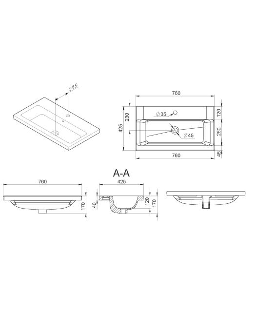 Тумба с раковиной подвесная GEM 75 см, 2 ящика (AM.PM) белый глянец