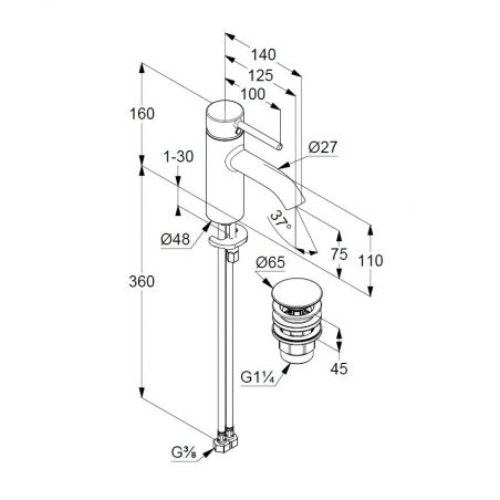 Смеситель для умывальника BOZZ 75 мм  донным клапаном Push-Open (KLUDI) брашированный никель