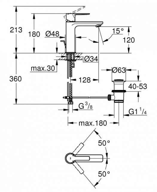 Смеситель LINEARE однорычажный для раковины с сливным гарнитуром (GROHE) хром, S-Size