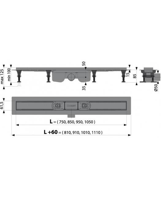 Дренажный канал пластиковый для перфорированной решетки или решетки под кладку плитки APZ12-850 (ALCAPLAST) д.50мм, 850х60 